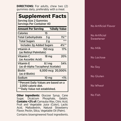 Authentic Nature's Bounty strawberry flavored gummies nutritional facts panel indicating vitamin C and E levels