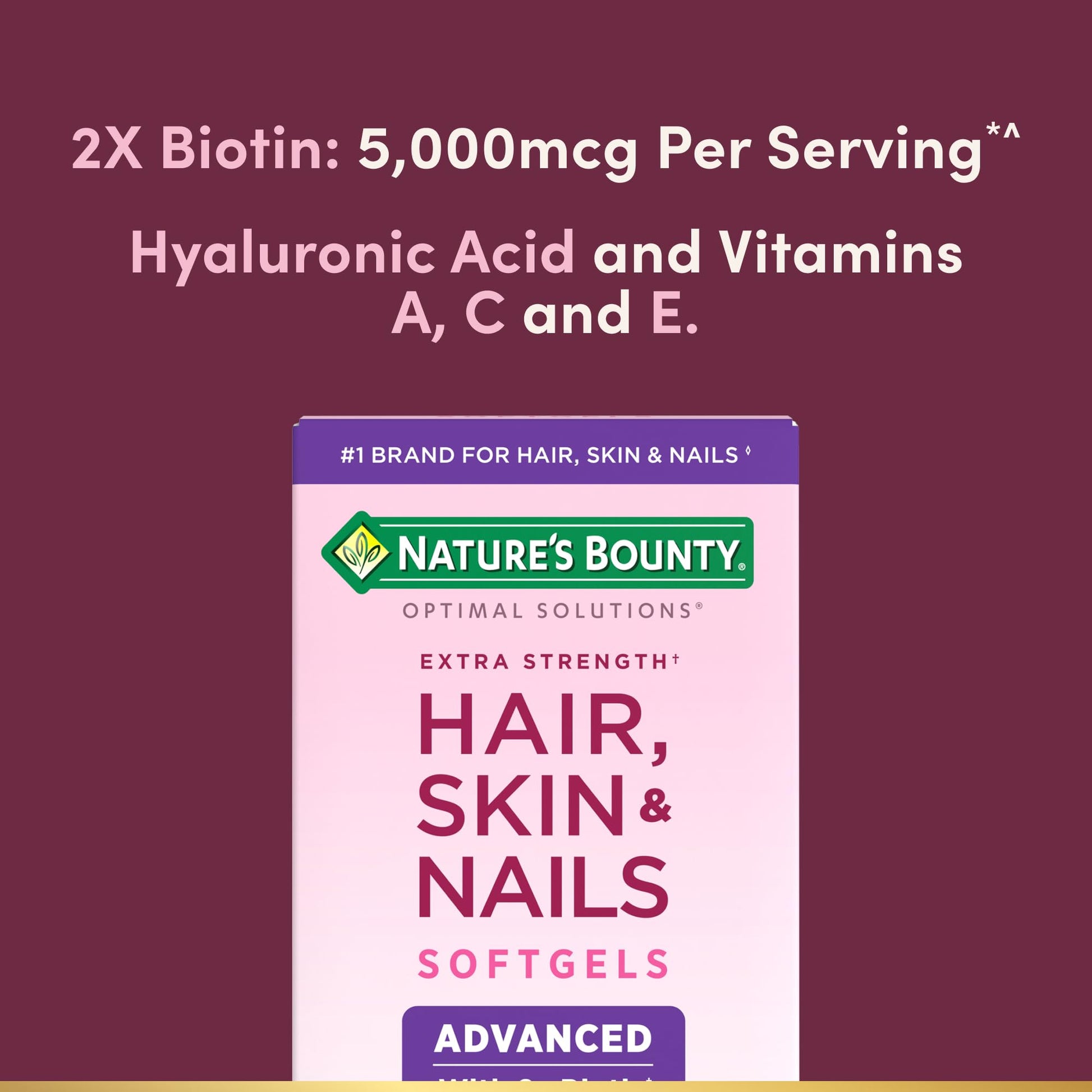 Nature's Bounty imported skin supplement label showing hyaluronic acid ingredients