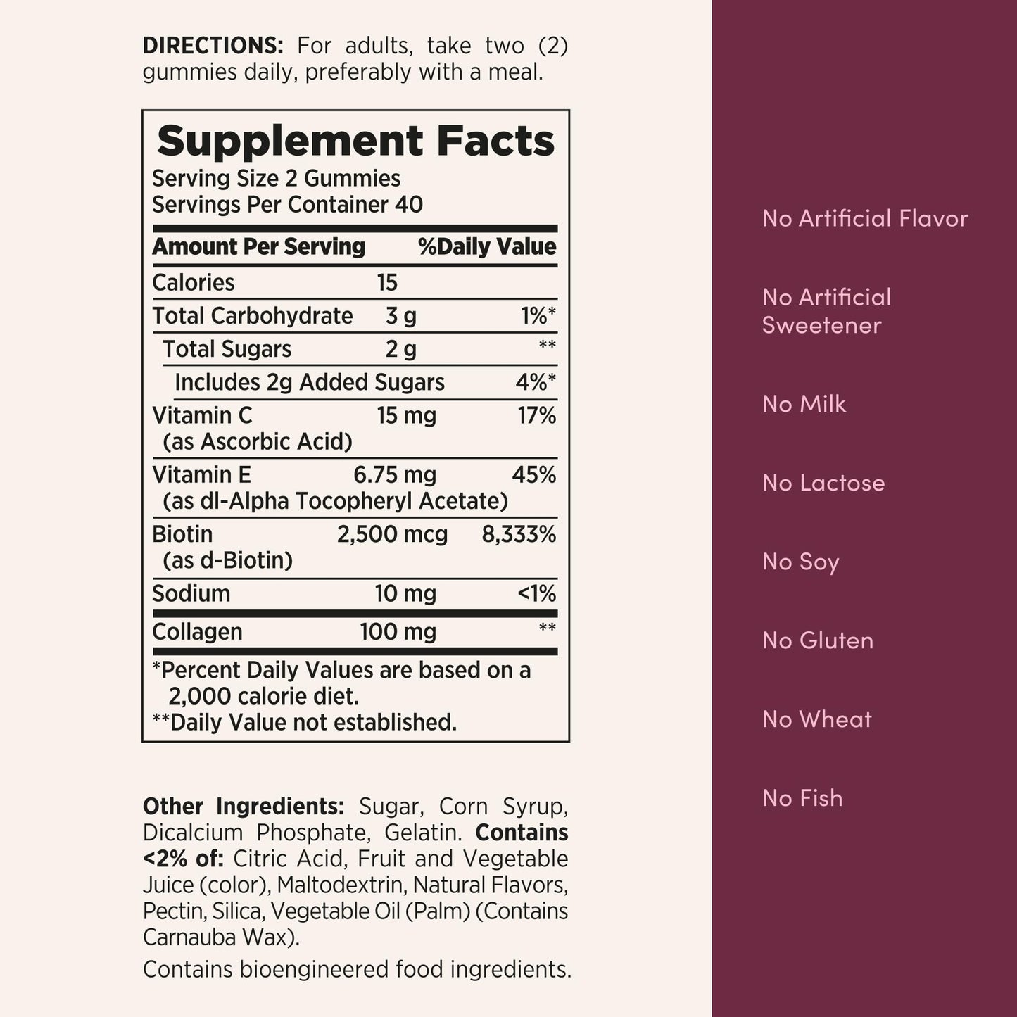 Nature's Bounty Hair Skin and Nails 80 gummies packaging back display with instructions and ingredients.