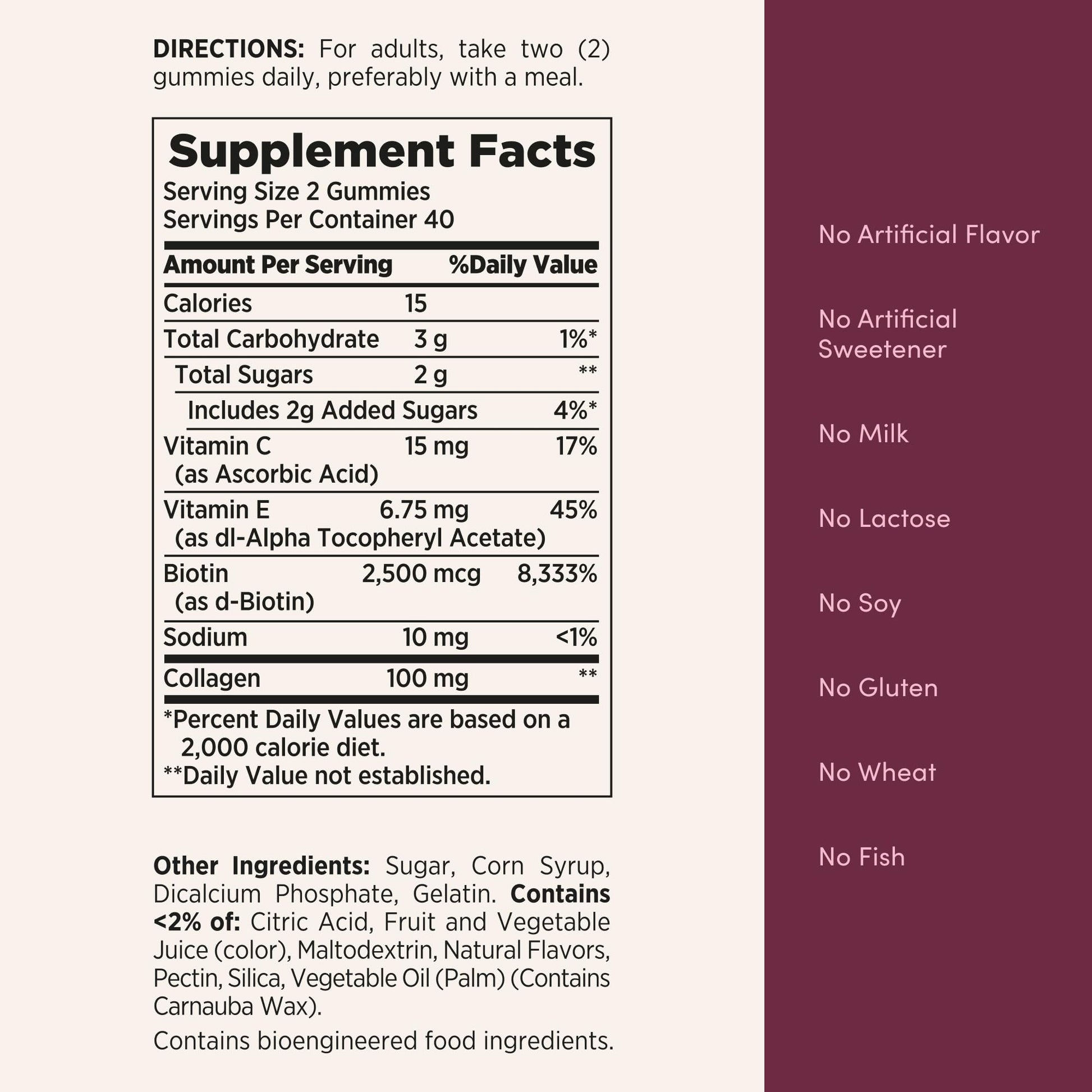 Nature's Bounty Hair Skin and Nails 80 gummies packaging back display with instructions and ingredients.