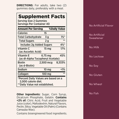 Nature's Bounty Hair Skin and Nails 80 gummies packaging back display with instructions and ingredients.