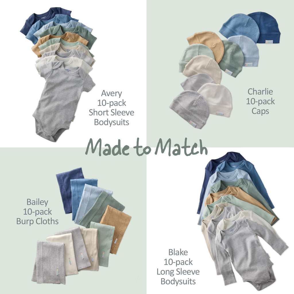 Full ten-piece assortment bundle of the Butterblu unisex infant burp cloths neatly rolled for gifting.