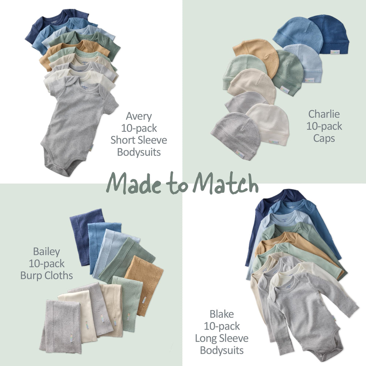 Full ten-piece assortment bundle of the Butterblu unisex infant burp cloths neatly rolled for gifting.