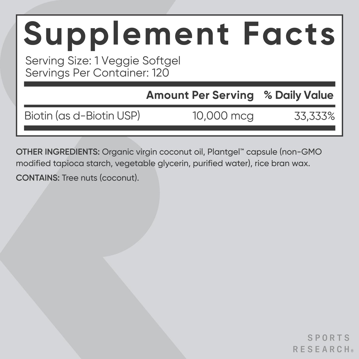 Back label of Sports Research biotin 10000 mcg supplement featuring the complete nutritional facts pane