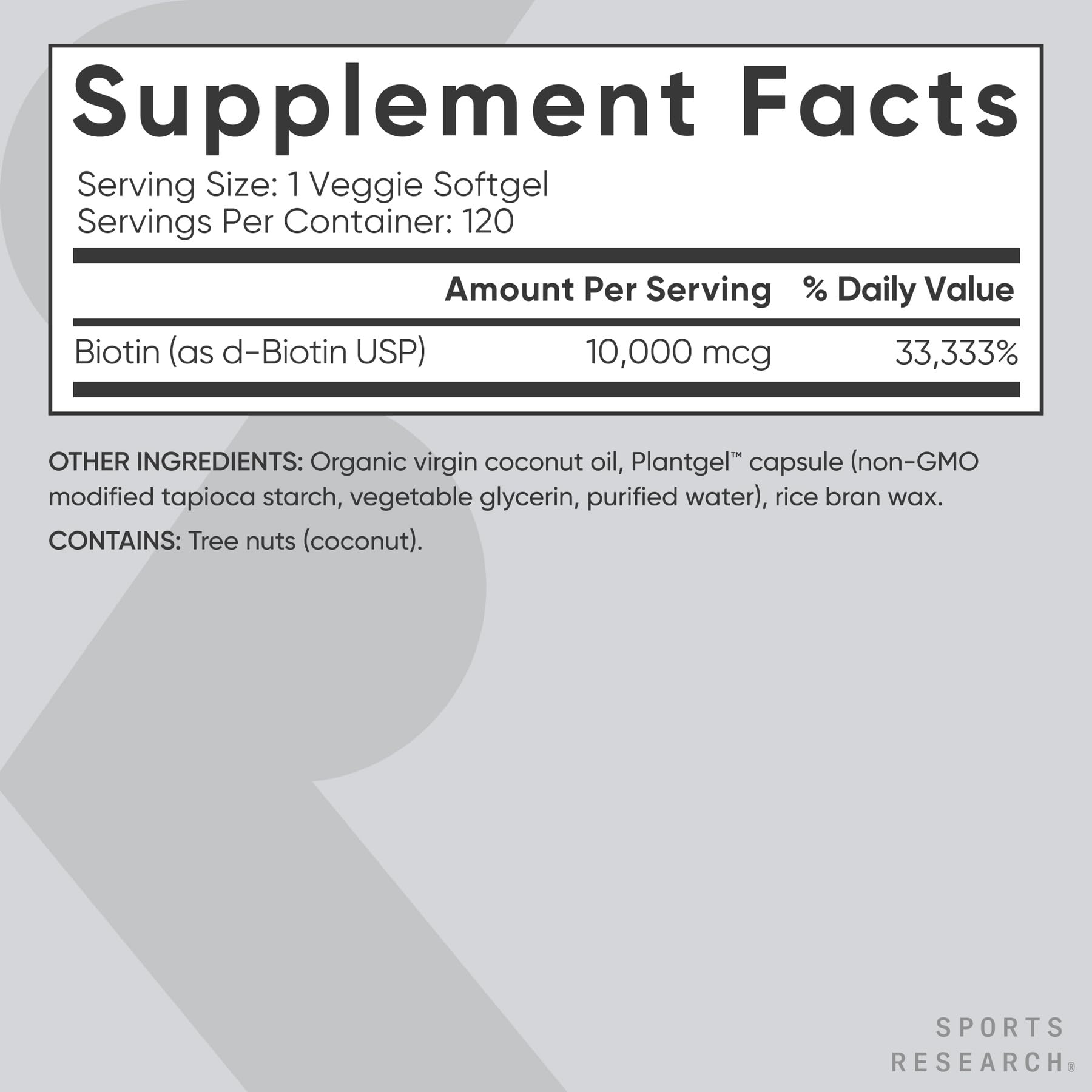 Back label of Sports Research biotin 10000 mcg supplement featuring the complete nutritional facts pane