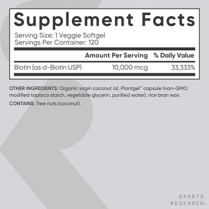 Back label of Sports Research biotin 10000 mcg supplement featuring the complete nutritional facts pane