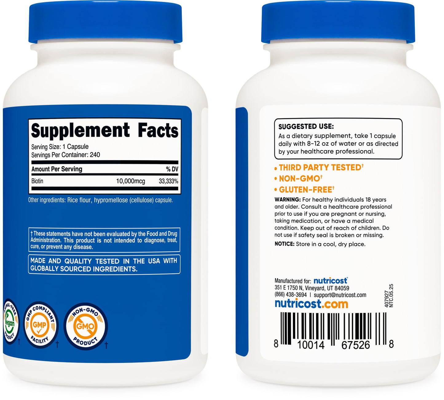Nutricost non-GMO gluten-free 10mg biotin bottle on plain white background