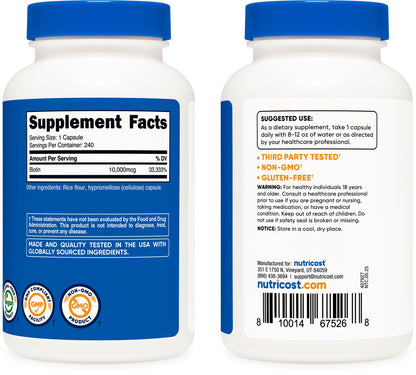 Nutricost non-GMO gluten-free 10mg biotin bottle on plain white background