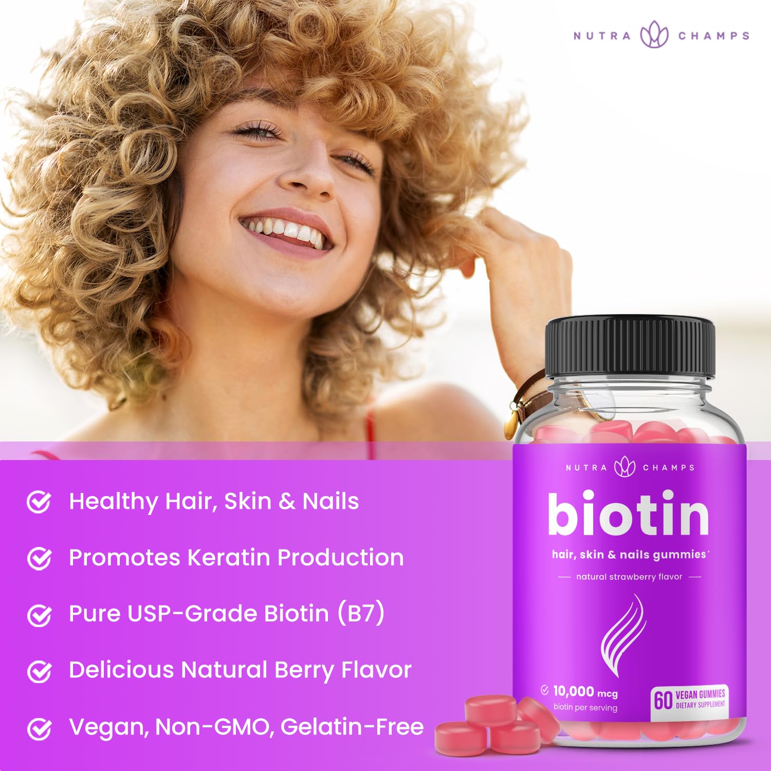 NutraChamps Biotin Gummies 60 count supplement facts and ingredient label