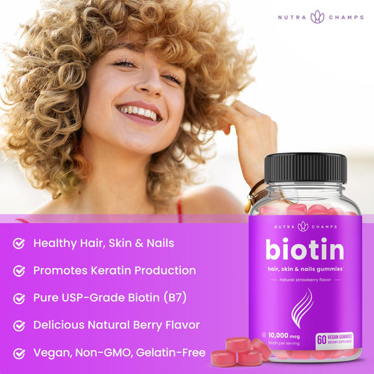 NutraChamps Biotin Gummies 60 count supplement facts and ingredient label