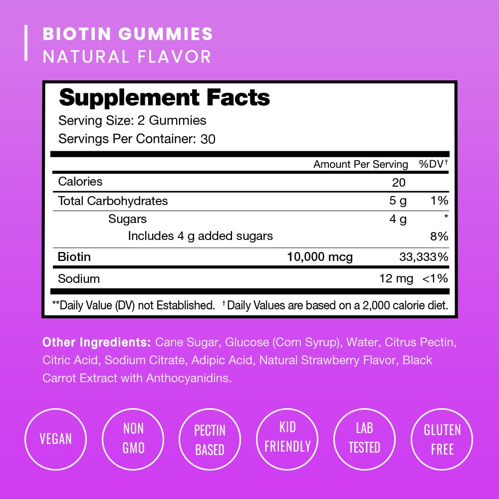 NutraChamps high potency vegan biotin chewables strawberry flavor details