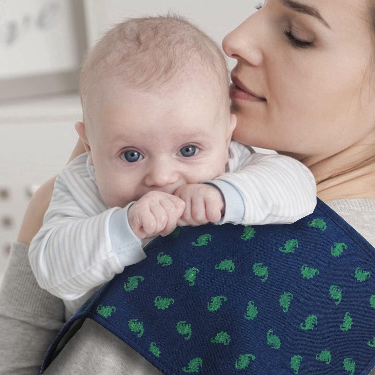 Close up of Hakochia baby burp cloth neutral patterns