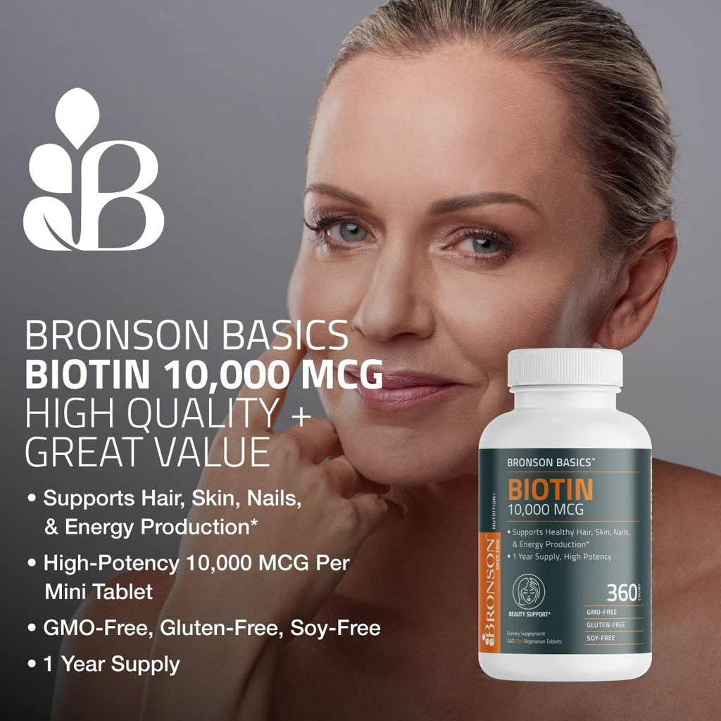 Bronson high potency biotin 10000 mcg bottle showing non GMO certification