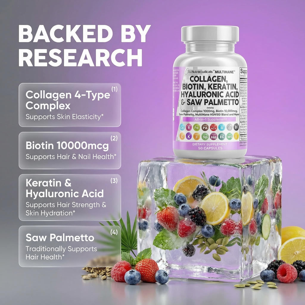 Clean Nutraceuticals multi-collagen peptides and biotin capsules spilled out next to the authentic product bottle