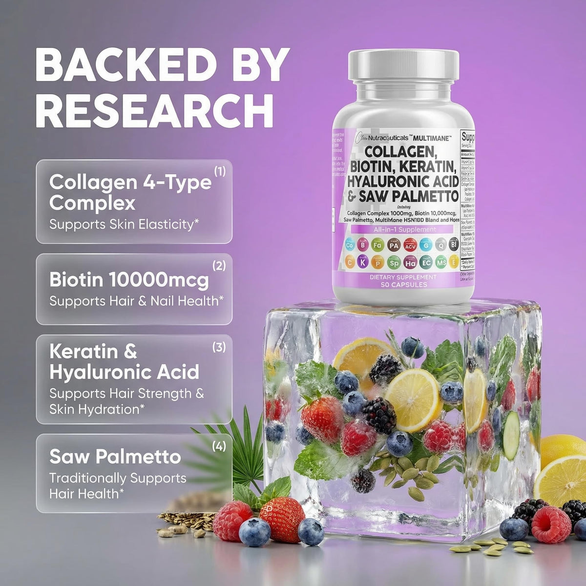Clean Nutraceuticals multi-collagen peptides and biotin capsules spilled out next to the authentic product bottle