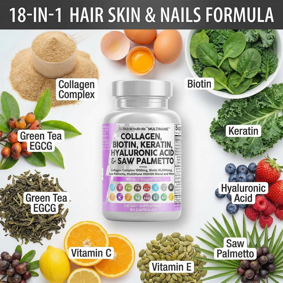 Clean Nutraceuticals MultiMane hair skin and nails vitamins nutritional facts panel and dosage instructions closeup