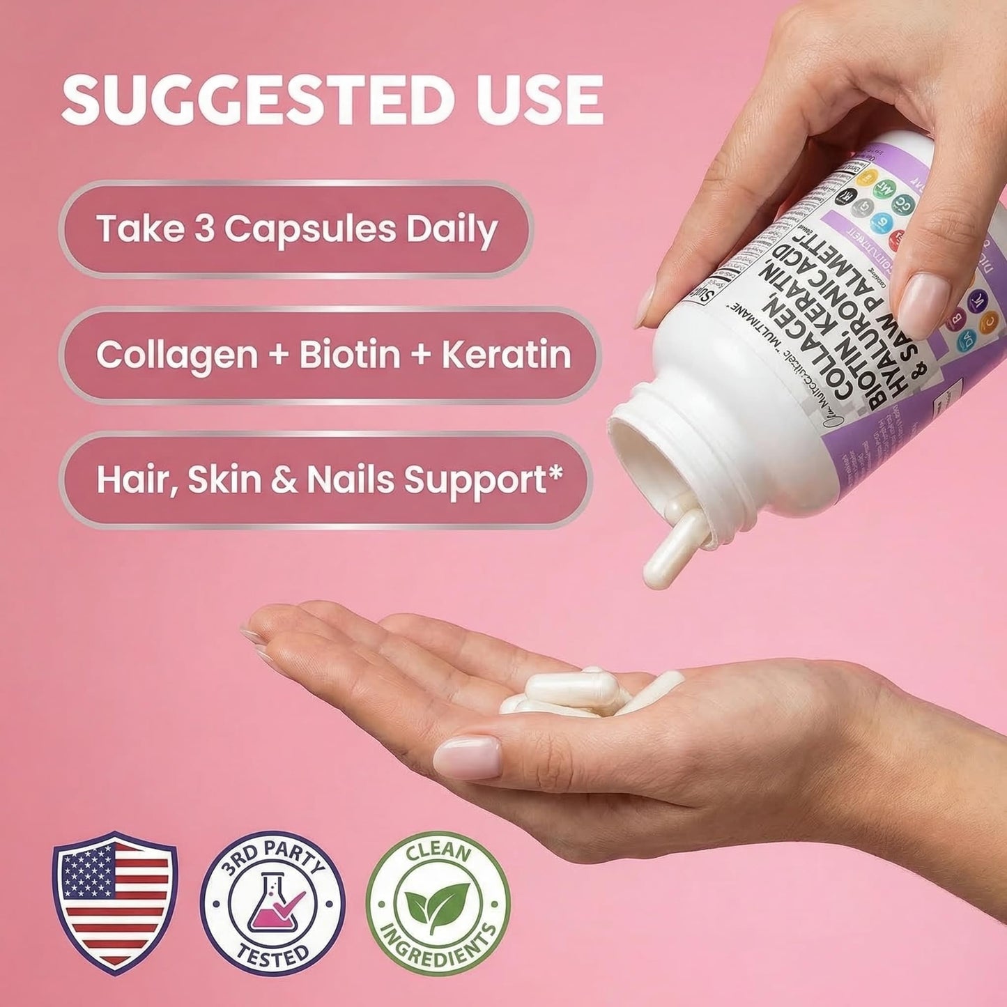 Clean Nutraceuticals MultiMane multi collagen and biotin capsules for hair growth density and skin anti-aging benefits