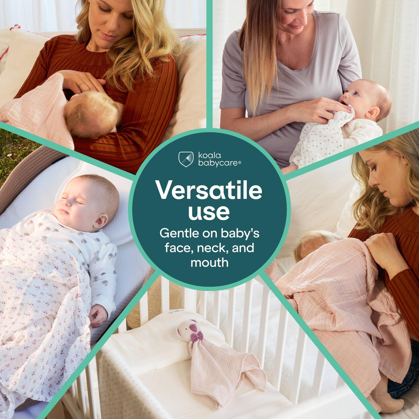 Washable baby muslin cloths being used as a protective shoulder cloth for burping.