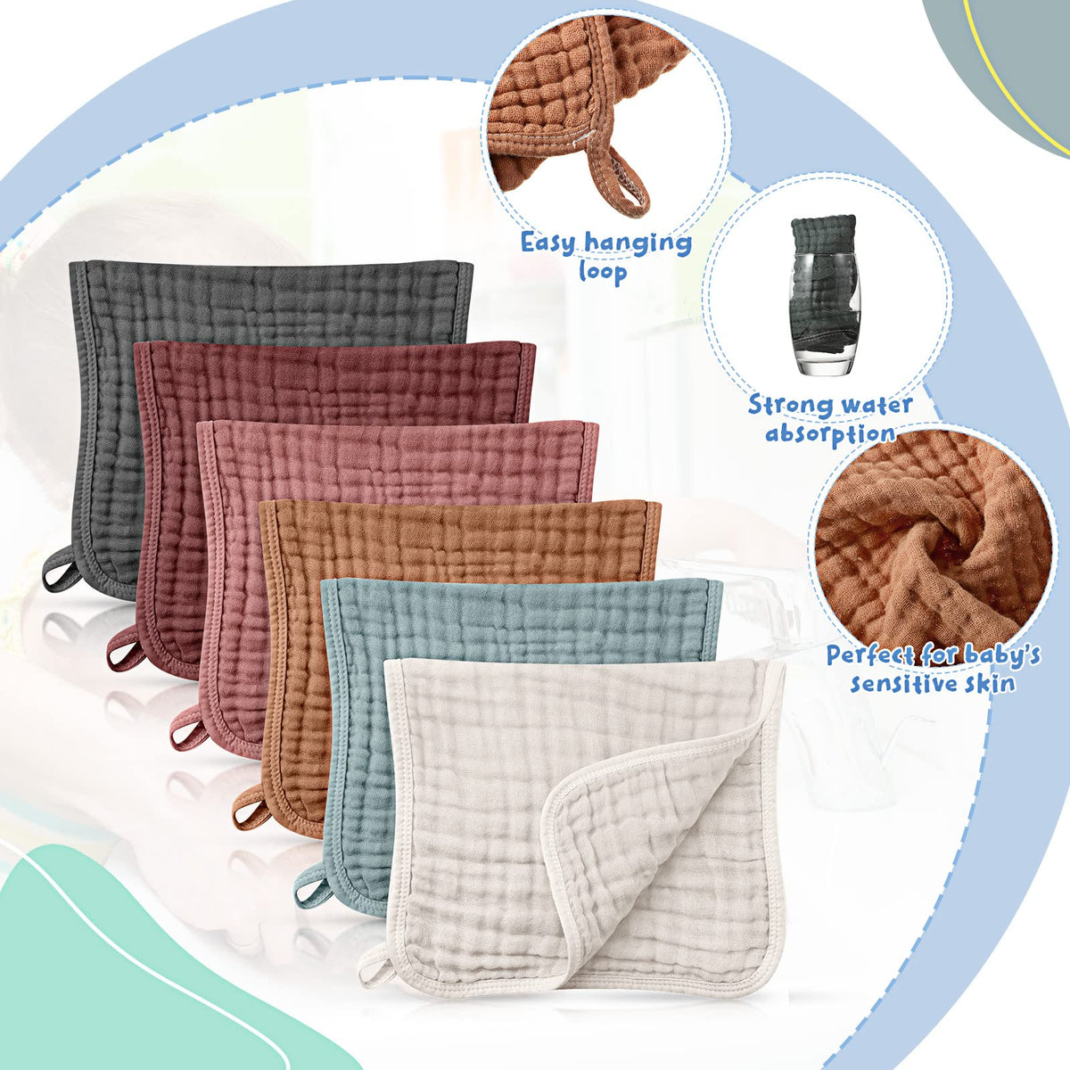 Irenare muslin burp cloth folded showing 20 x 10 inch size scale