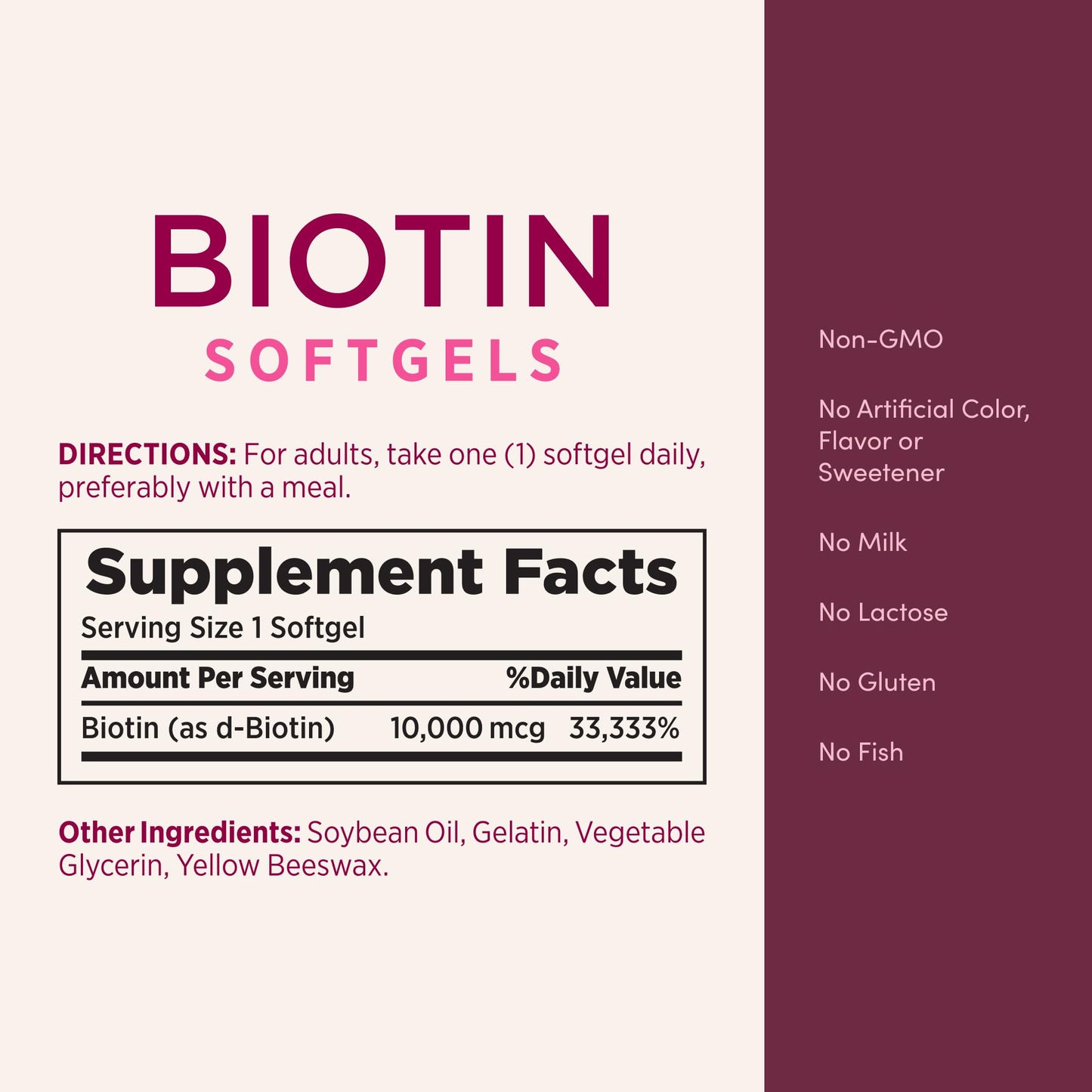 Nature's Bounty Biotin Vitamin B7 capsule size comparison and directions