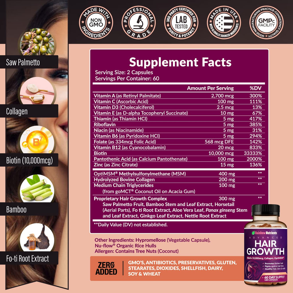 Side label of Rainbow Nutrients supplement showing the comprehensive supplement facts and ten thousand microgram biotin dosage information