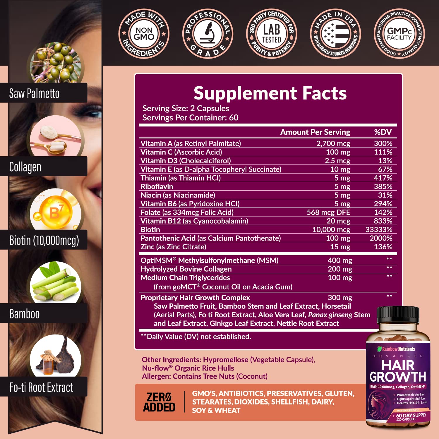 Side label of Rainbow Nutrients supplement showing the comprehensive supplement facts and ten thousand microgram biotin dosage information