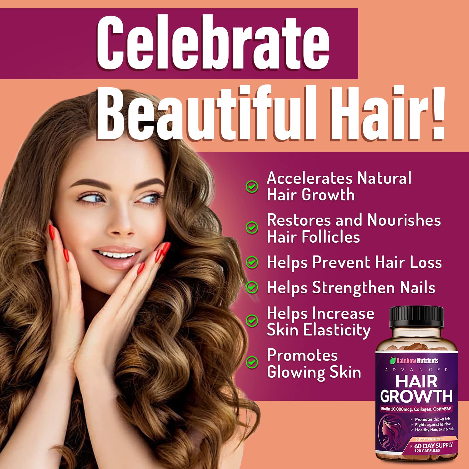 Premium American imported packaging of Rainbow Nutrients women's hair growth capsules highlighting non GMO certification