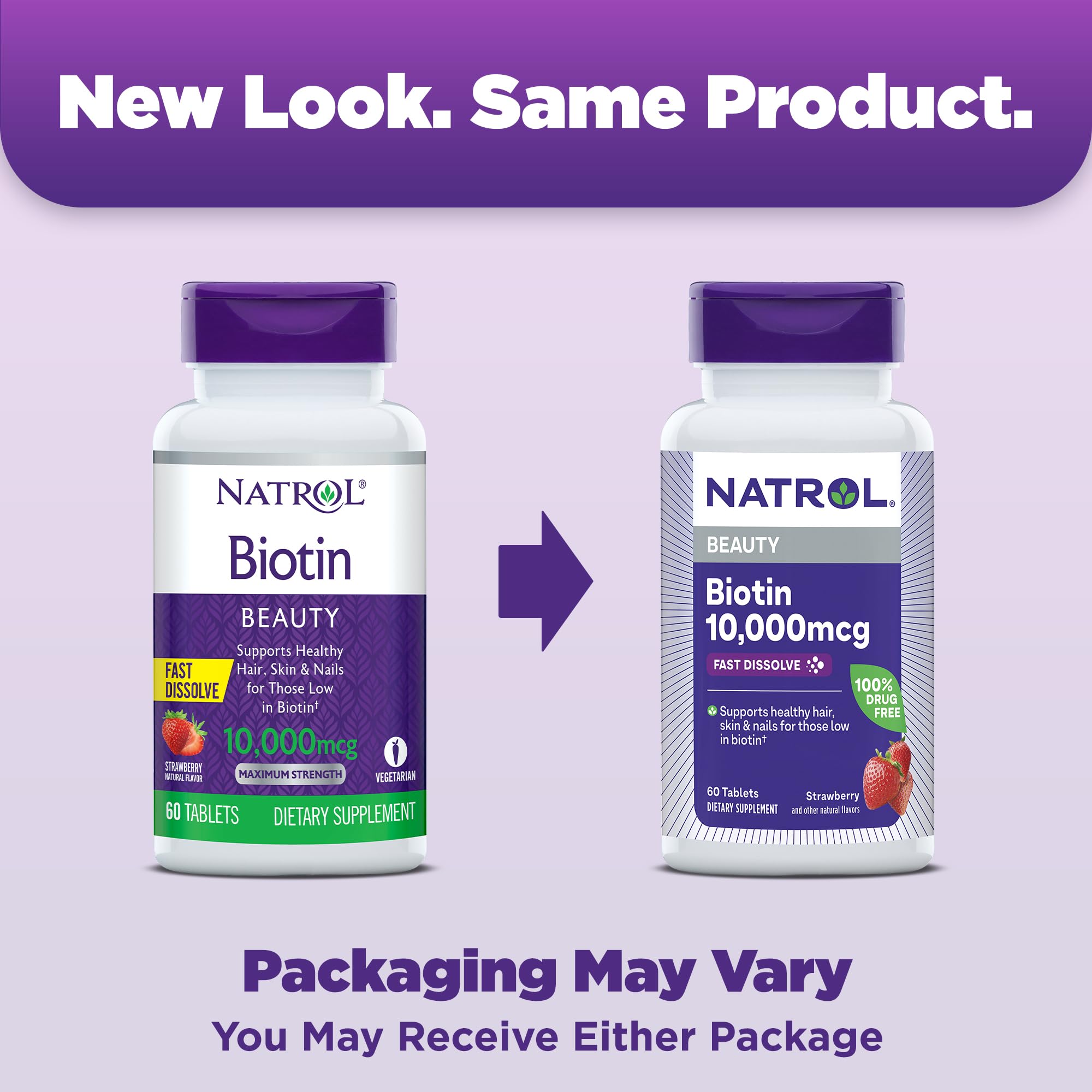 Natrol Biotin fast dissolve strawberry flavor supplement bottle side panel view
