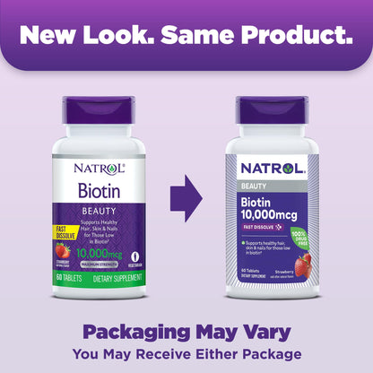 Natrol Biotin fast dissolve strawberry flavor supplement bottle side panel view