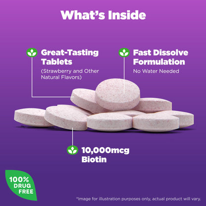 Natrol maximum strength biotin 10000 mcg packaging showing nutrition information