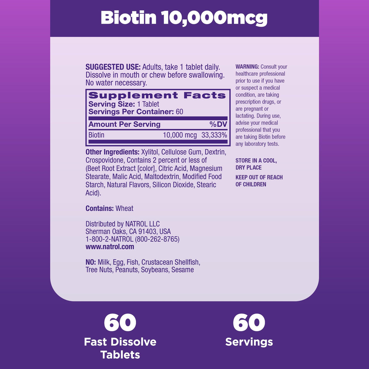 Natrol Vitamin B7 fast dissolve maximum strength supplement bottle details