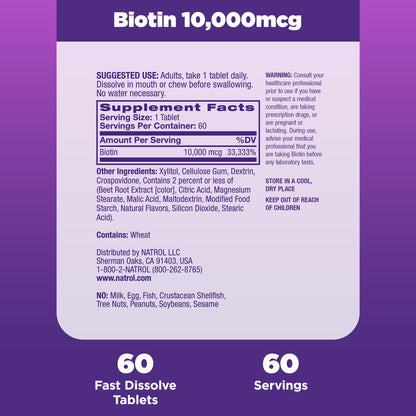 Natrol Vitamin B7 fast dissolve maximum strength supplement bottle details