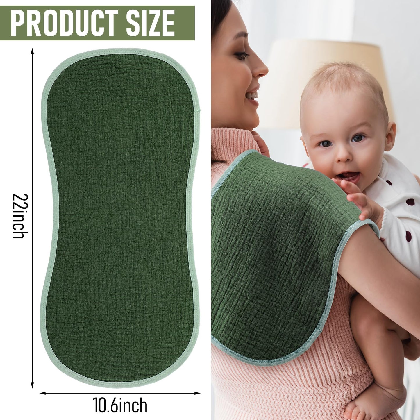 Hahafelt 100 percent pure cotton absorbent newborn towels draped over a shoulder showcasing the protective contoured curve shape