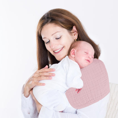 Five pack bundle of pink and white muslin cotton cloths highlighting the soft fluffy structure.