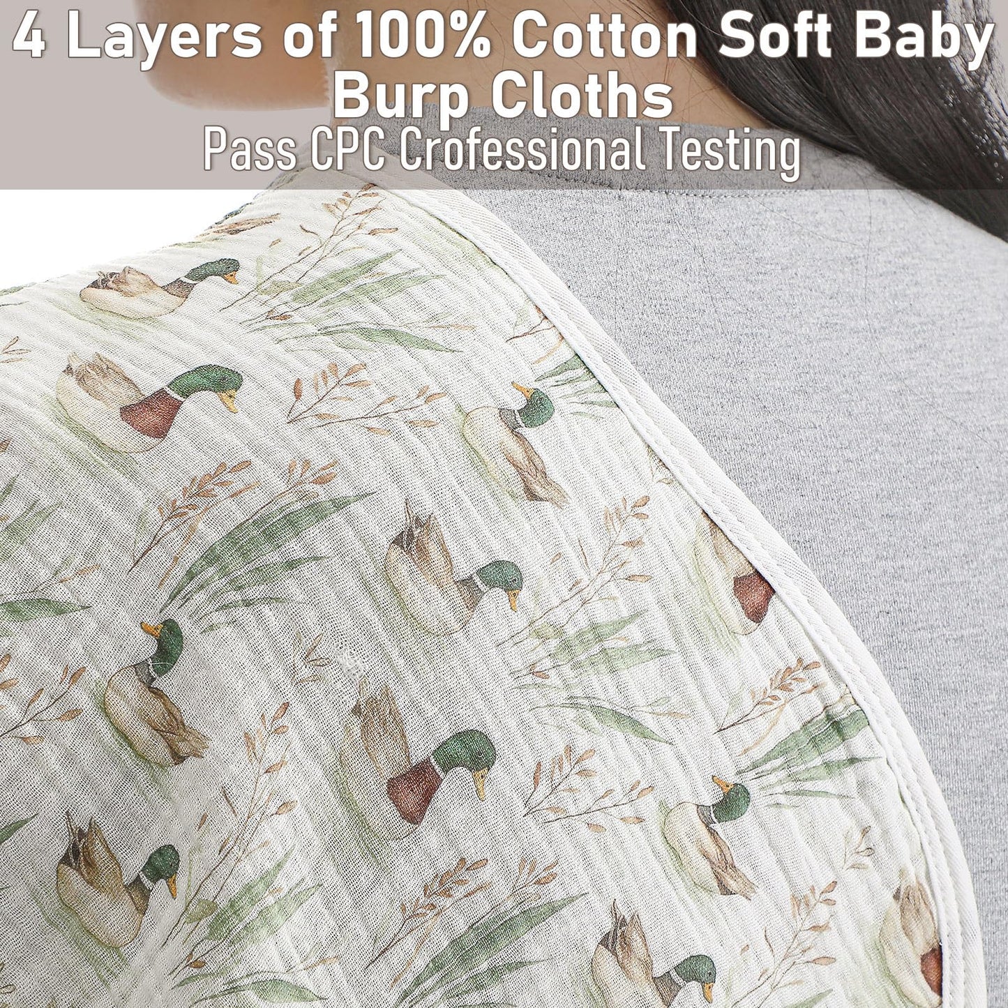 Hahafelt gender neutral mallard duck theme baby feeding cloths laid flat displaying the full twenty two by ten inch dimensions