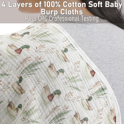 Hahafelt gender neutral mallard duck theme baby feeding cloths laid flat displaying the full twenty two by ten inch dimensions