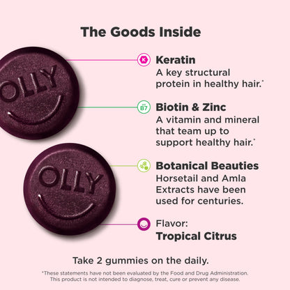 Close-up of the nutritional facts label on the back of the OLLY hair supplement container.
