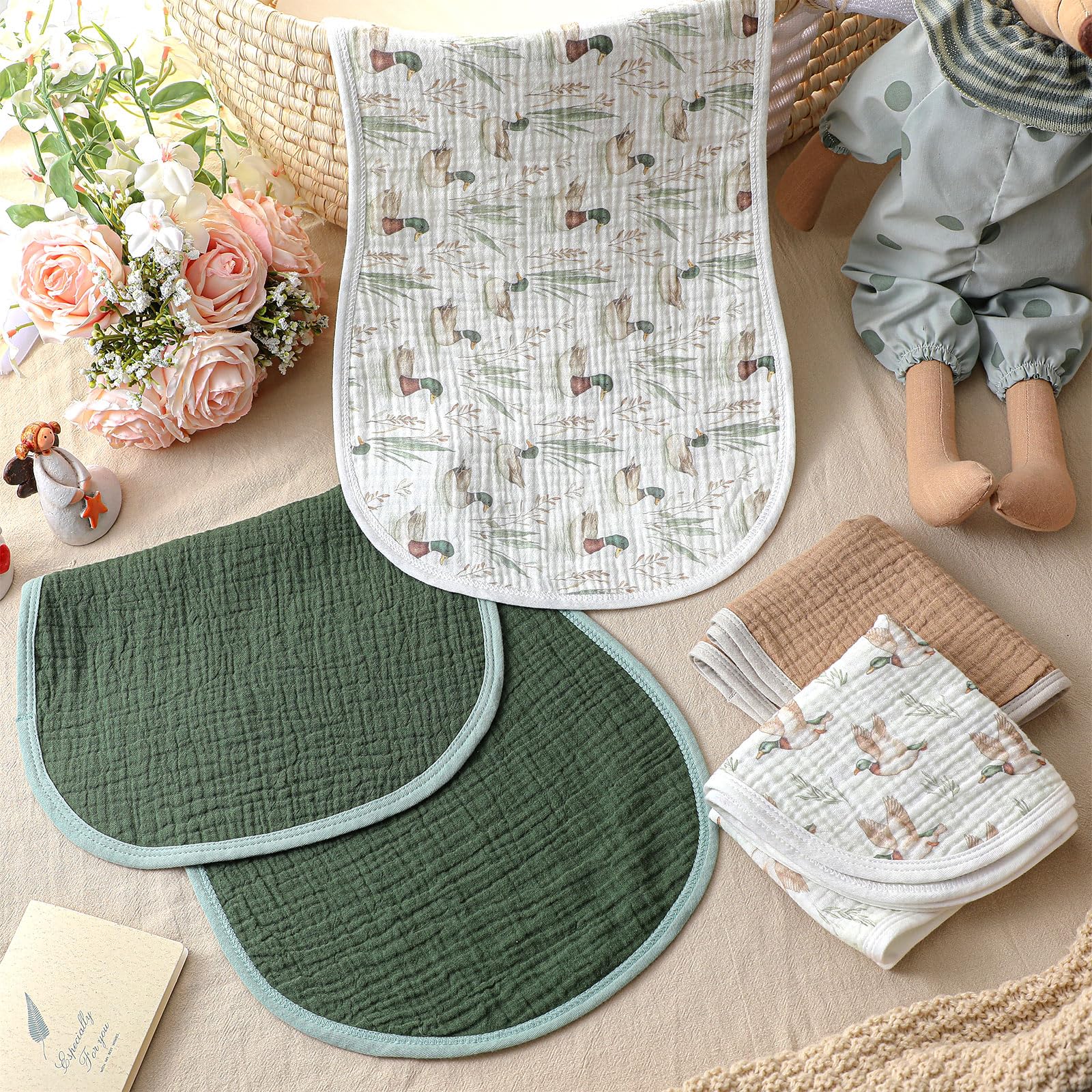 Hahafelt multiuse cotton baby face cloths and bibs being used during a lifestyle newborn feeding routine