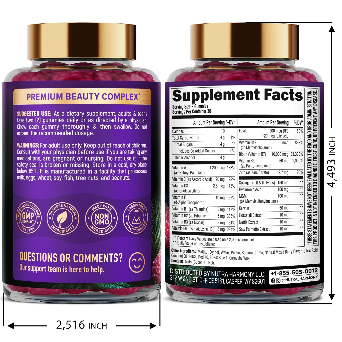 Nutraharmony sugar free hair skin and nails supplement label showing 10000 mcg biotin.