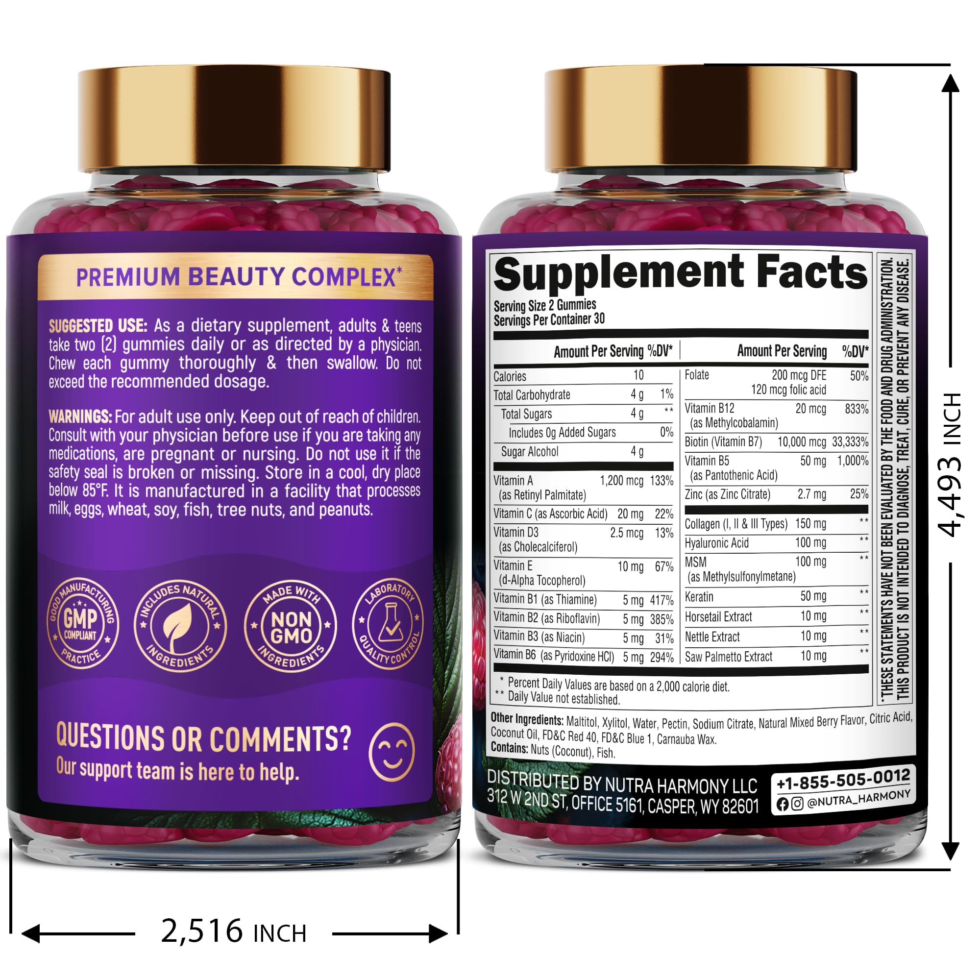 Nutraharmony sugar free hair skin and nails supplement label showing 10000 mcg biotin.