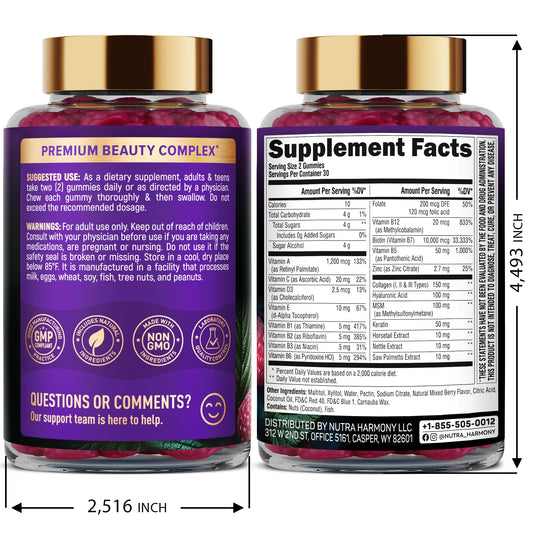 Nutraharmony sugar free hair skin and nails supplement label showing 10000 mcg biotin.