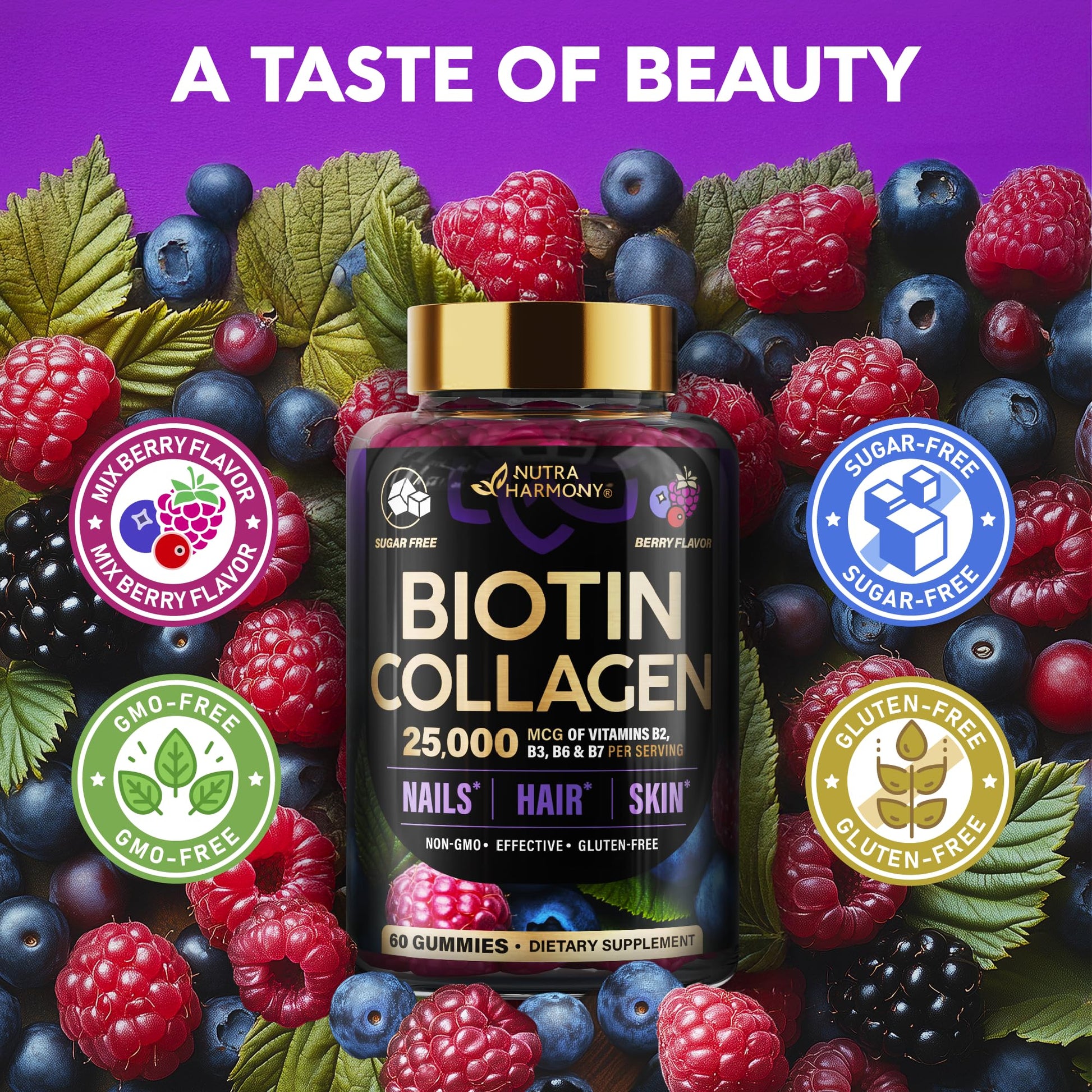 Nutraharmony biotin collagen complex showing gluten free and non GMO certifications.