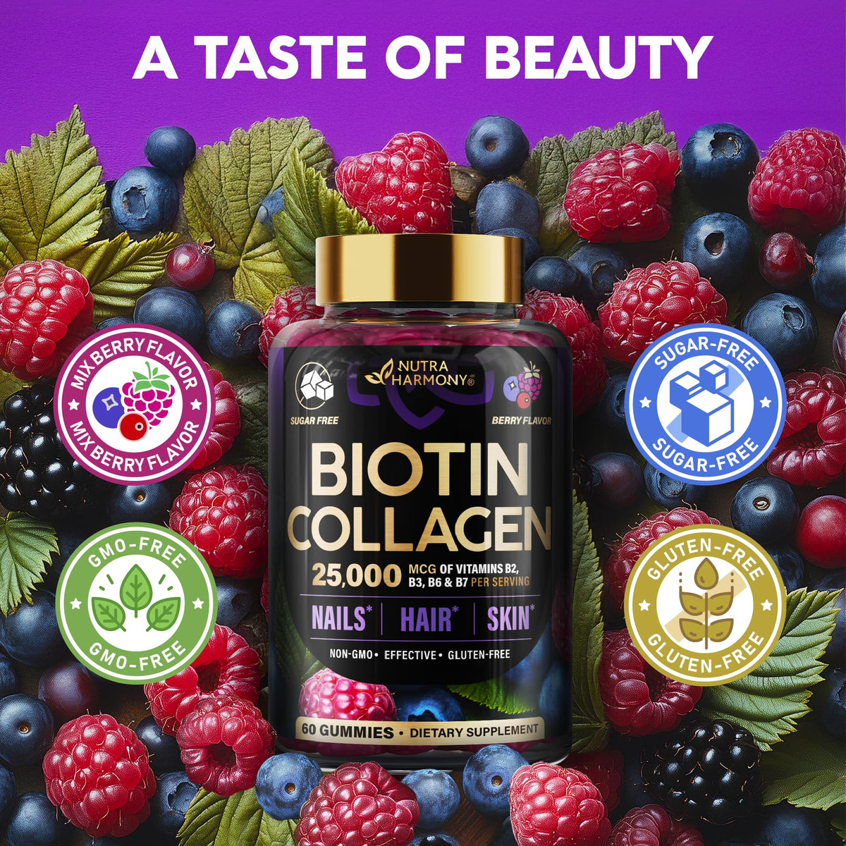 Nutraharmony biotin collagen complex showing gluten free and non GMO certifications.