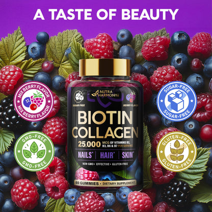 Nutraharmony biotin collagen complex showing gluten free and non GMO certifications.