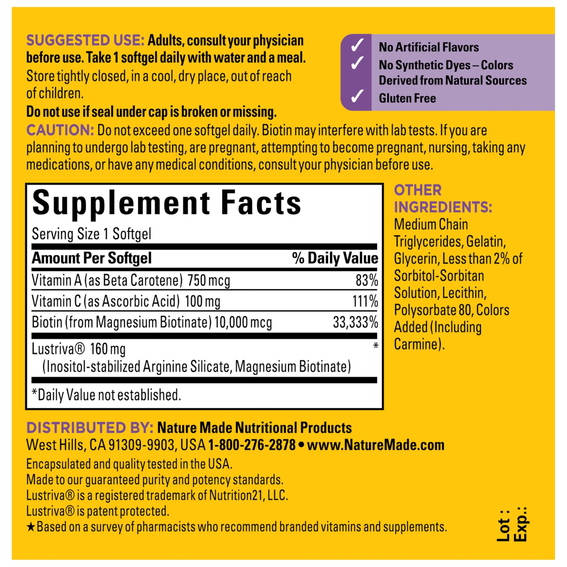 Nature Made gluten free hair supplements for women seeking thicker fuller hair