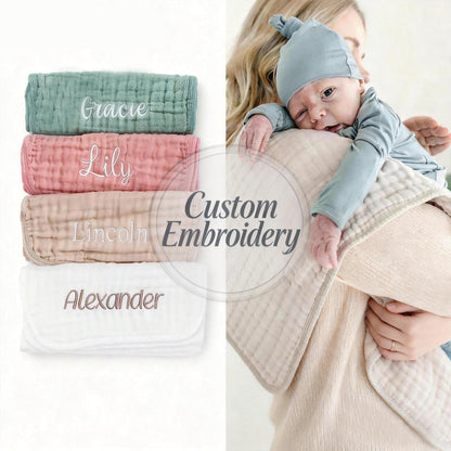 Dancebear personalized cotton burping cloth showing detailed stitching and premium fabric texture