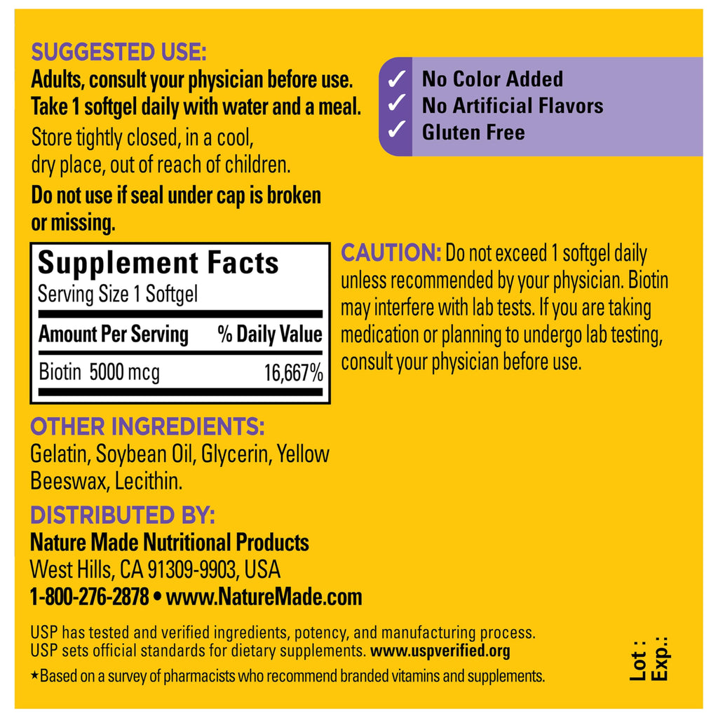 Premium imported American biotin dietary supplement bottle top perspective