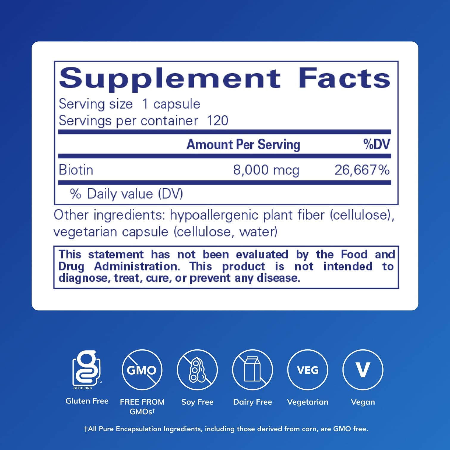 Pure Encapsulations Vitamin B7 120 capsules nutrition facts and allergen free label