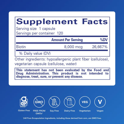 Pure Encapsulations Vitamin B7 120 capsules nutrition facts and allergen free label