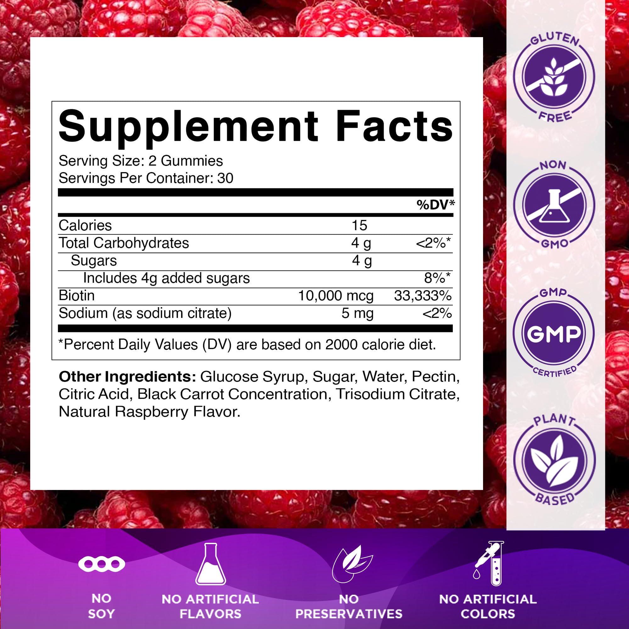 Vitamatic high potency biotin supplements raspberry flavored chewables on a clean white surface